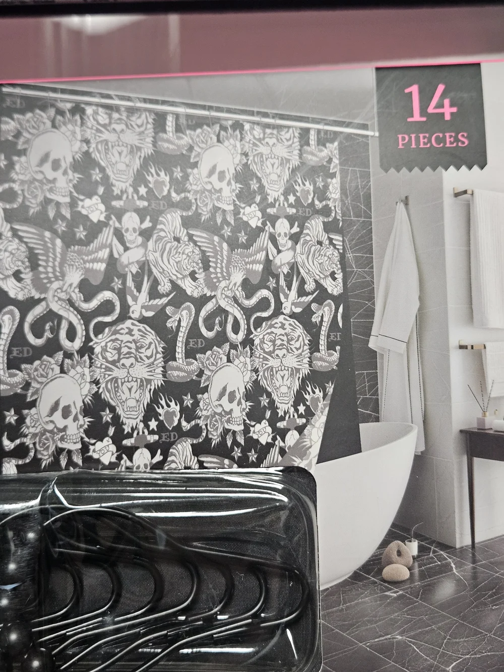 Ed Hardy 14 Piece Shower Curtain Set Tiger Skull Roses Black Hooks Liner